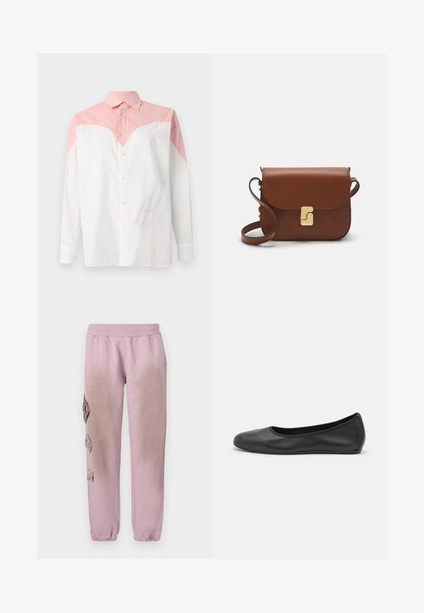 White shirt with pink gradient yoke, long sleeves, button-up front, soft cotton material, featuring small embroidered text on the lower side.; Pink sweatpants with an elastic waistband, featuring decorative patches in diamond shapes on the left side and elastic cuffs at the ankles.; Black leather ballet flat with a rounded toe, smooth texture, minimal stitching detail, and a flexible sole design.; Brown leather handbag with a flap closure, gold-tone hardware, a shoulder strap, and a smooth texture. Compact rectangular shape.