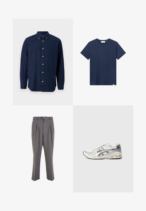 Tumedast sinine pikem varrukas nuppupaita, millel on rinnaeend ja nööpidega krae, esitatud valge tausta ees.; Tumedat sinine puuvillane t-särk ümmarguse kaeluse, lühikeste varrukatega ja väikese tikitud logoga vasakul rinnal. Sile tekstuur.; Hallid volangiga püksid, mis on valmistatud siledast kangast, sirge lõikega, ühe nupuga kinnitusega ja vöödega. Minimalistlik disain.; Valge spordijalanõu hõbedaste ja mustade aktsentidega, võrksisustus, tekstuurse disainiga, pehme tallaga ja paindliku mustriga.