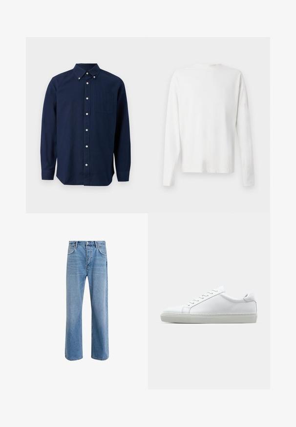 Camisa de botones de manga larga en azul marino con un bolsillo en el pecho y cuello abotonado, mostrada sobre un fondo blanco.; Camisa de algodón blanca de manga larga con cuello redondo, aberturas laterales en la parte inferior y una textura suave, exhibida desde la parte de atrás.; Jeans de mezclilla azul claro con un diseño de pierna recta, cinco bolsillos, cierre de botón, ligeramente desgastados y detalles de costura en contraste.; Zapatilla blanca con parte superior de cuero liso y perfil bajo. Presenta una puntera redondeada, seis ojales y una suela de goma texturizada.