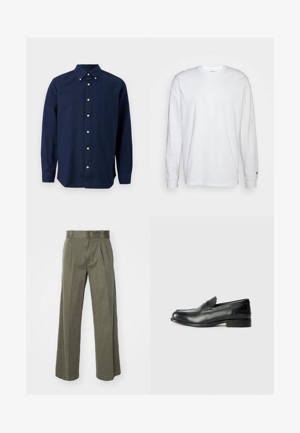 Tumma sininen pitkähihainen nappipaitapusero, jossa on rintatasku ja napituskaulus, esiteltynä valkoista taustaa vasten.; Valkoinen pitkähihainen t-paita, joka on valmistettu puuvillasta. Pyöreä kaula-aukko, jossa on resorikujat ja pieni logo vasemmassa hihassa. Tasainen pinta.; Vihreät oliivinväriset housut, joissa on rento, leveälahkeinen muotoilu ja etuista taitoksia. Valmistettu tekstuuripinnoitteisesta kankaasta, jossa on normaali vyötärö ja ilman näkyvää metalliosaa.; Mustat nahka loafersit, joissa on sileä pinta, ommeltu yksityiskohta vampin yli ja hieman kohotettu korko.