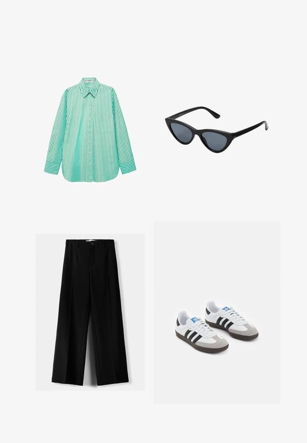 Mango Button-down blouse - green; Black wide-leg trousers made of lightweight fabric, featuring a front button closure and flat front, with neatly stitched hems.; Sport shoes with a white leather upper, gray suede toe, and three black stripes. Features a blue logo on the tongue and a textured rubber sole.; Black cat-eye sunglasses with dark gray lenses, sleek plastic frame, pointed corners, and straight temples. No visible hardware or accents.