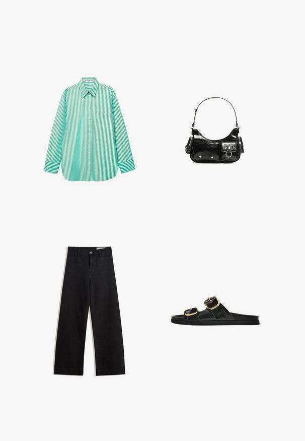 Mango Button-down blouse - green; Black wide-leg denim pants with a high waist, featuring front and back pockets, stitched seams, and a button closure. Smooth texture.; Black slide sandal with two gold buckle accents, smooth textured material, flat sole, and a minimalist design.; Black patent leather handbag with a curved shape, one shoulder strap, front pockets, and silver-tone hardware accents.