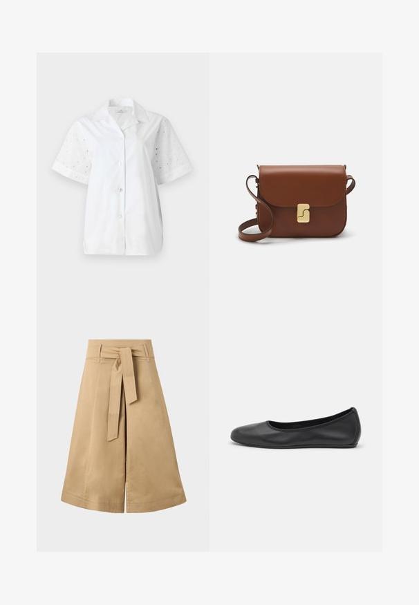White short-sleeve shirt with a button front. Main body is solid fabric, while sleeves feature a floral eyelet design.; Khaki midi wrap skirt with a tie belt, made of lightweight cotton, featuring a flared silhouette and visible stitching details.; Black leather ballet flat with a rounded toe, smooth texture, minimal stitching detail, and a flexible sole design.; Brown leather handbag with a flap closure, gold-tone hardware, a shoulder strap, and a smooth texture. Compact rectangular shape.