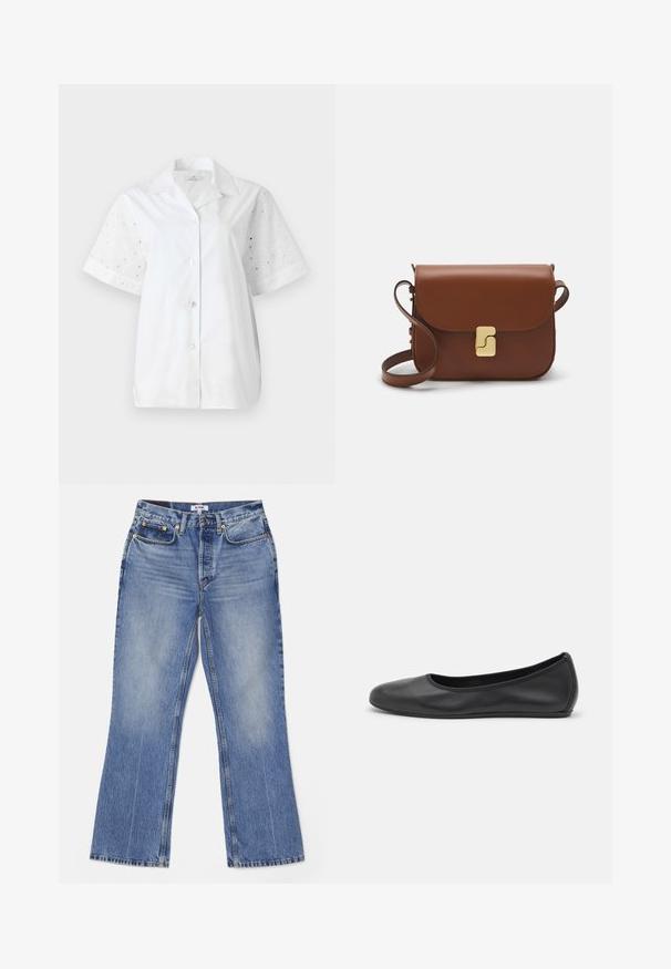 White short-sleeve shirt with a button front. Main body is solid fabric, while sleeves feature a floral eyelet design.; RE/DONE LOOSE - Bootcut jeans - hacienda; Black leather ballet flat with a rounded toe, smooth texture, minimal stitching detail, and a flexible sole design.; Brown leather handbag with a flap closure, gold-tone hardware, a shoulder strap, and a smooth texture. Compact rectangular shape.
