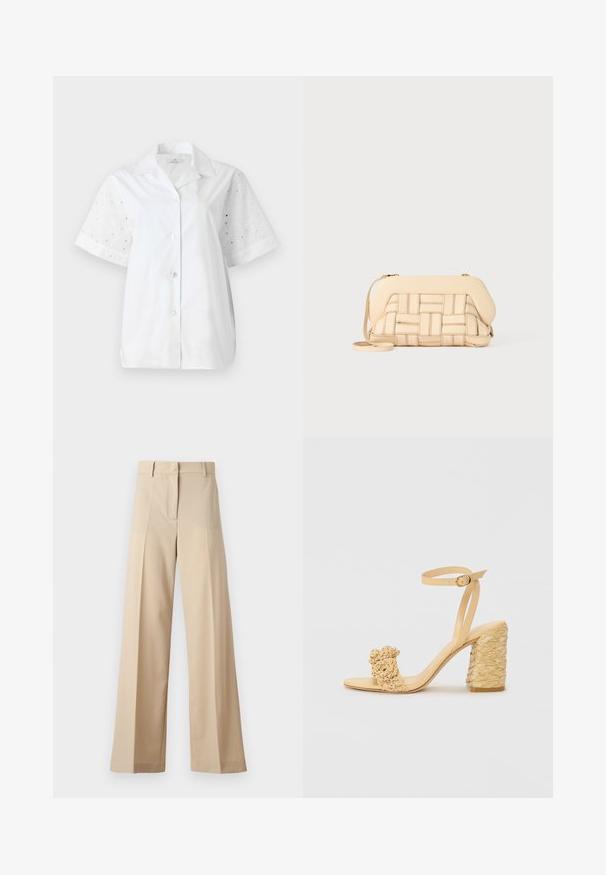 Bela kratka majica s kratkimi rokavi in gumbom na sprednji strani. Glavni del je iz enotnega blaga, medtem ko imajo rokavi cvetlični izrezan vzorec.; Beige široke hlače iz gladkega materiala, z ravnim odprtjem spredaj in naborki, z vodilom na zadrgo in zankami za pas. Prilagojen kroj.; Beige sandala na visokom potplatu s pletenom teksturom, s dekorativnim cvijetom i remenom oko gležnja. Kvadratna peta osigurava stabilnost.; Tkanirana bež torba z strukturirano zasnovo, ki ima gladko zgornjo stran in dolgo naramnico. Tekstura podrobnosti izboljšuje celoten videz.