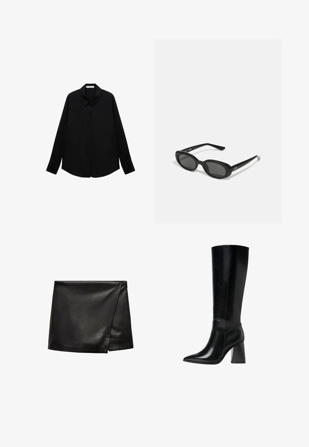 Crna košulja dugih rukava s klasičnom kragnom, izrađena od glatkog materijala, ima zatvaranje na dugmad i zakrivljeni rub.; Crna kožna mini suknja s wrap dizajnom, koja se odlikuje glatkom teksturom i minimalističkim stilom. Bez vidljivih metalnih dijelova ili uzoraka.; Crne kožne čizme do koljena s šiljastim vrhom, glatkom teksturom i debelim rebrastim potplatom za stabilnost. Moderne linije s minimalnim naglascima.; Crne sunčane naočale s ovalnim lećama, sjajnim plastičnim okvirom i tankim krakovima. Značajka je Ray-Ban logo u bijeloj boji s strane.; Crna kožna torba s zlatnim hardverom, koja ima prepoznatljivu kopču, odvojivi remen za ramen, te teksturiranu površinu.