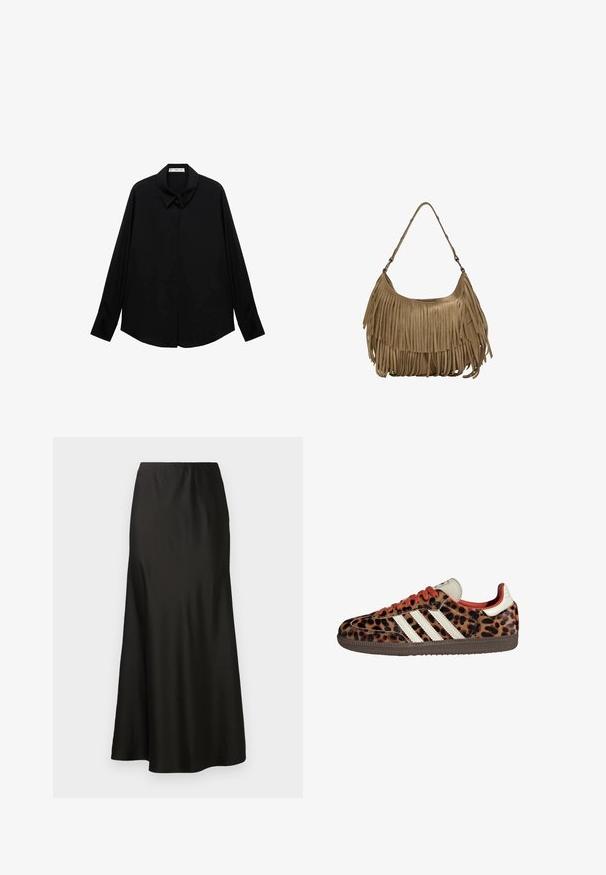 Black long-sleeve shirt with a classic collar, made of smooth fabric, features a button-front closure and a curved hemline.; Black satin maxi skirt with a smooth texture, high waist, and flared bottom. Features a simple design with no visible patterns or hardware.; Leopard print sneakers with suede material, red laces, and three white stripes on the side. Features a cream-colored tongue and brown sole.; Brown suede handbag with long fringe details, a curved shape, and a single shoulder strap. Features a smooth, textured surface.
