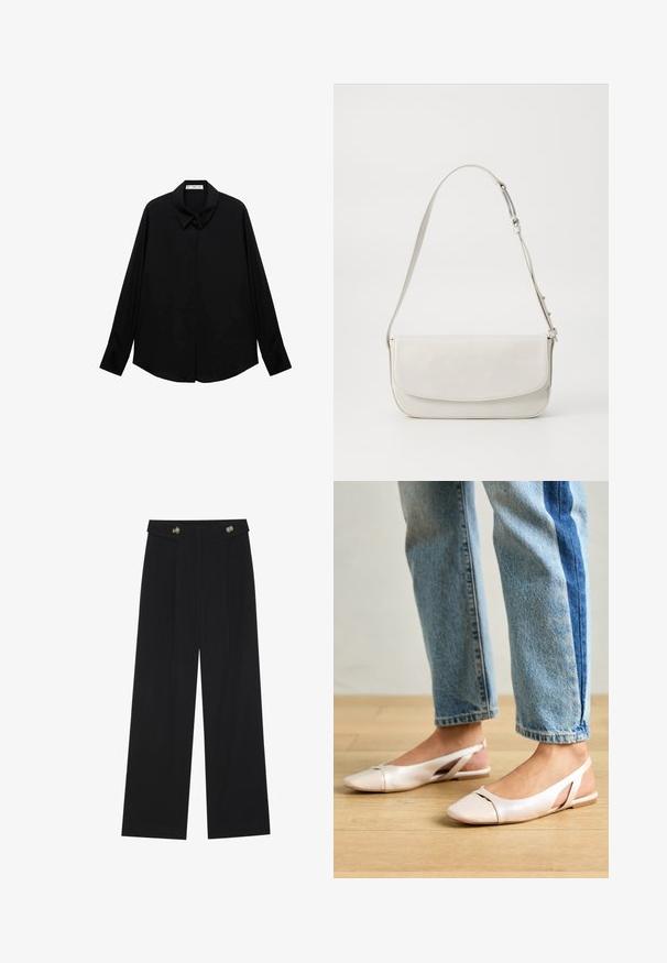 Black long-sleeve shirt with a classic collar, made of smooth fabric, features a button-front closure and a curved hemline.; Black wide-leg trousers with high waist, button details on waistband, and front pleats.; Pale pink slingback flats with a pointed toe, made from a smooth leather-like material. Features cut-out details at the sides and a flat heel.; White leather shoulder bag with a smooth finish, rectangular shape, flap closure, and an adjustable strap. Simple stitching detail.