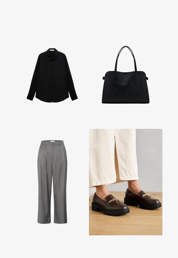 Črna dolga majica z dolgimi rokavi s klasičnim ovratnikom, narejena iz gladkega blaga, ima gumbasto zaponko spredaj in ukrivljen rob.; Sive hlače s krojem naravnost, ki imajo nabran sprednji del, gladko teksturo tkanine in klasično zasnovo pasu.; Rjave usnjene loafers čevlje z masivnim črnim podplatom in zlatim verižnim okrasom spredaj. Gladka površina s rahlim leskom.; Črna usnjena torbica z dvema naramnima trakoma, pravokotne oblike in minimalističnim dizajnom na beli podlagi.