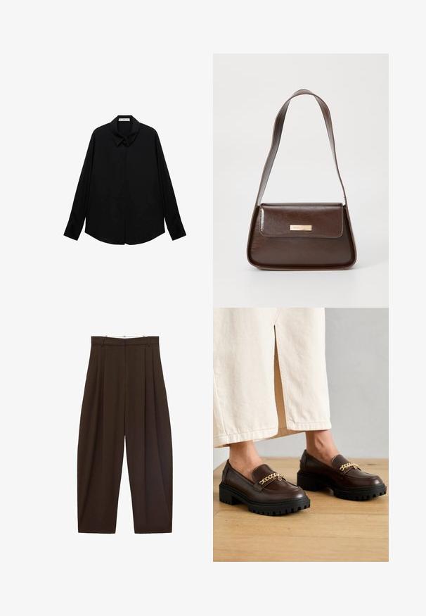 Sort langærmet skjorte med klassisk krave, lavet af glat stof, har knaplukning foran og en buet kant.; Brune højtaljede bukser med folder, lavet af glat stof. Løs pasform, straight leg design, med bæltestropper og lynlås.; Brune læder loafers med en kraftig sort sål og kædeaccent i guld hen over fronten. Glat finish med en let glans.; Brun læder skuldertaske med en struktureret form, der har en magnetisk klaplukning og en metallisk logoaccents på forsiden.