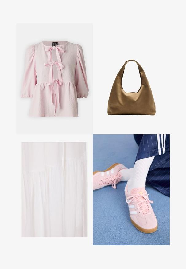 Rosa Bluse aus strukturiertem Stoff mit Puffärmeln und geraffter Taille. Mit Bindebändern vorne und rundem Ausschnitt.; Weißes Kleid aus Stoff mit strukturiertem Oberflächenmuster, weichen Falten und unkonventionellen Designelementen, die eine fließende Silhouette erzeugen.; Hellrosa Wildleder-Sneaker mit weißen Streifen und Schnürsenkeln, ausgestattet mit einer strukturierten Zunge und einer Gummisohle, auf einem blauen Teppich platziert.; Braune Stoffschultertasche mit einem breiten, runden Körper und einem großen Ausschnittgriff. Sanfte Textur, minimalistisches Design und keine sichtbaren Beschläge.