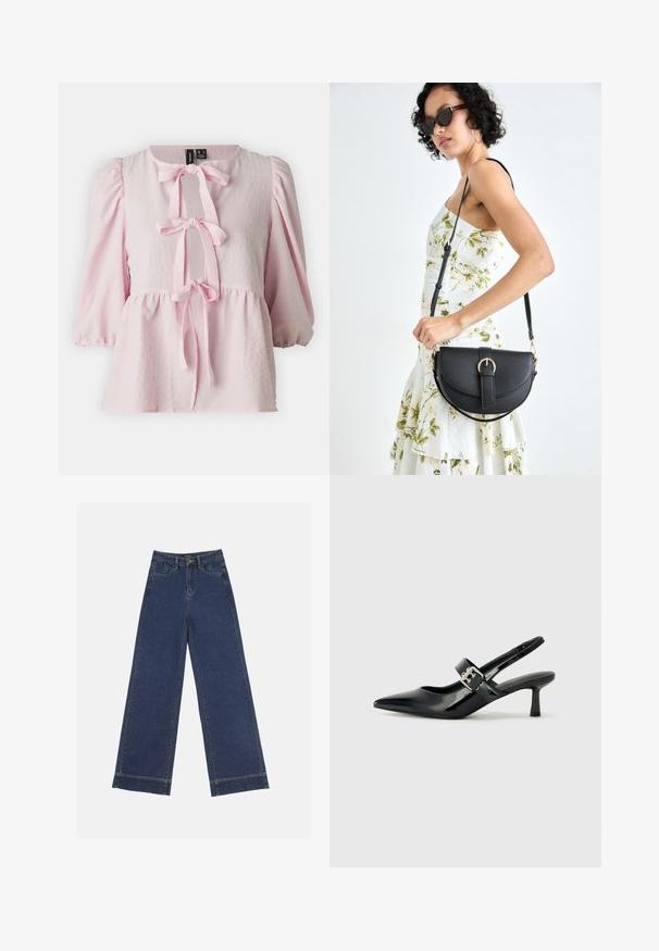 Rózsaszín blúz texturált anyagból, puffos ujjakkal és ráncolt derékkal. Elöl megkötős rész és kerek nyak található rajta.; Sötétkék denim széles lábú farmernadrág. Öt zsebbel, övhurkokkal és nyers szegéllyel az alján, amelyen látható varrási részletek találhatók.; Fekete lakkbőr slingback sarkú cipők hegyes orral és kis blokk talppal, ezüst csat díszítéssel a pánton.; Fekete bőrtáska ívelt formával, levehető pánttal és arany színű fémrészekkel. A táskán egy csattal díszített fedél található.