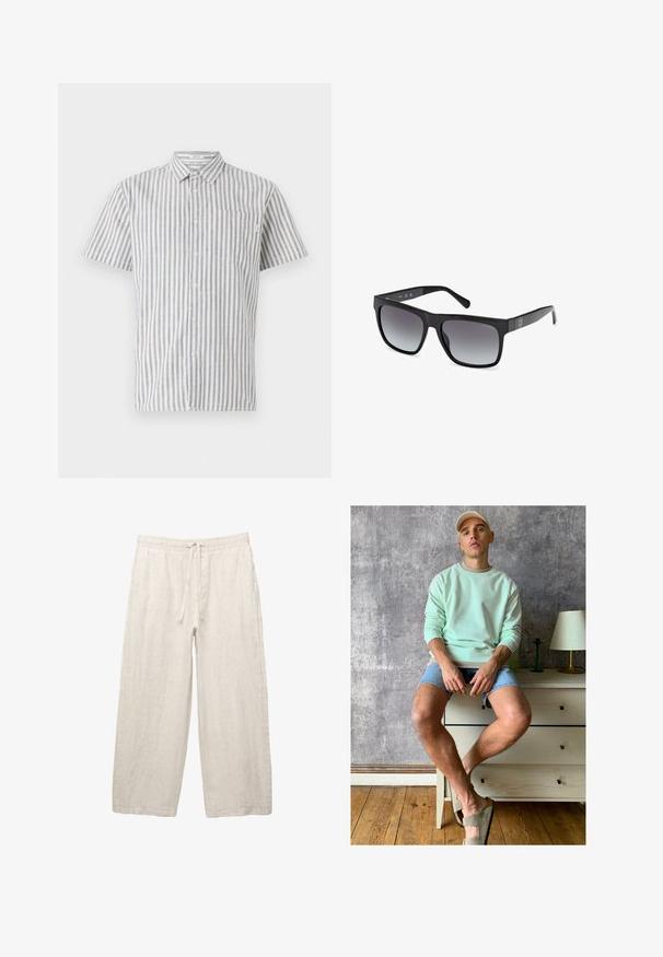 Cămașă cu mânecă scurtă, cu nasturi, albă cu dungi verticale albastre, având un buzunar pe piept și un guler clasic. Fabric din amestec de bumbac.; Tricou alb din bumbac, cu guler clasic, mâneci scurte și un mic logo GAP gri pe partea stângă a pieptului. Design simplu, fără ornamente.; Pantaloni din in de culoare bej deschis, cu un brâu elastic și șnur, cu un design cu picioare largi și buzunare laterale. Textură netedă.; Hanorac verde mentă, pantaloni scurți din denim și pantofi slip-on verde oliv. Așezat pe o comodă de culoare deschisă, lângă un perete texturat gri.; Guess Ochelari de soare - glossy black smoke gray