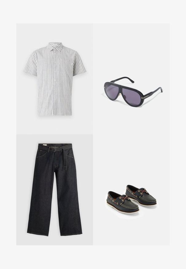 Camicia a maniche corte con bottoni, a righe verticali bianche e blu, con taschino sul petto e colletto classico. Tessuto in misto cotone.; Pantaloni a gamba larga in denim scuro con vita regolabile, dotati di tasche frontali e cuciture a contrasto. Texture liscia con un design pulito.; Scarpe da barca in pelle blu navy con cuciture gialle, lacci rossi e occhielli argentati; punta tonda; suola in gomma bianca.; Occhiali da sole neri con montatura oversize e angolare, lenti viola scure e dettagli in tono oro sulle aste. Finitura opaca con una texture liscia.