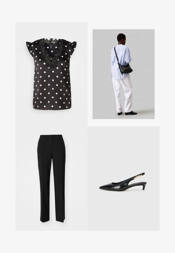 Melnā blūze ar baltām punktiņām, ar īsām frillētām piedurknēm un viļņotu melnu mežģīņu apkakli. Gluda satīna auduma materiāls.; Melnas pielāgotas bikses ar taisnu kāju dizainu, kas raksturojas ar gludu faktūru un asiem krokām pa priekšu. Nav redzamu metāla detaļu.; Melnas ādas slingback zābaki ar smailu purngalu, ar šauru papēdi un zelta krāsas akcentu uz regulējama siksniņas. Gluda tekstūra.; Melna ādas plecu soma ar mīkstu tekstūru, trīsstūra formu un regulējamu siksnu, apvienota ar gaiši zilu svītrotu krekli un baltām biksēm.