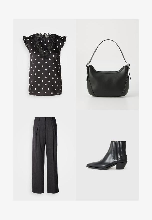 Zwarte blouse met witte stippen, voorzien van korte ruches mouwen en een geschulpte zwarte kant decolleté. Gemaakt van gladde satijnen stof.; Donkergrijze wijde broek met een gestructureerde stof, voorzien van voorplooien en een klassiek taillebandontwerp. Geen zichtbare zakken.; Zwarte leren enkellaars met spitse neus, elastische zijpanelen met verticale groeven en een lage blokhak. Glad oppervlak en slank ontwerp.; Zwarte leren handtas met een gebogen vorm, zilveren rits en een korte handgreep. Bevat een subtiel logo aan de voorkant en een gladde textuur.