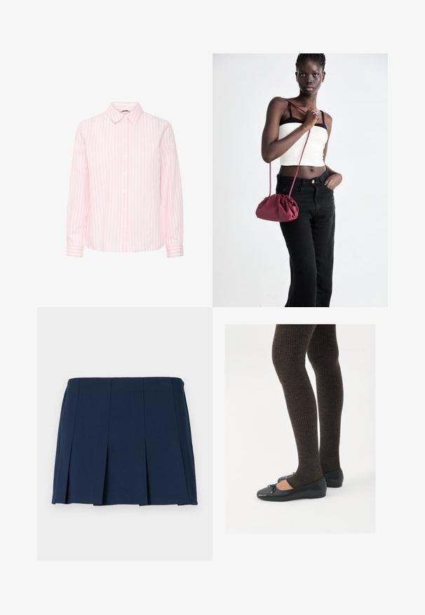 Langärmliges Hemd in pink-weißen vertikalen Streifen, ausgestattet mit einem klassischen Kragen und einer Knopfleiste vorne sowie geknöpften Ärmeln.; Marineblauer, gefalteter Minirock mit geradem Bund, aus glattem Stoff. Verfügt über vertikale Nähte entlang der Falten.; Schwarze flache Schuhe mit einem kleinen Schleifendetail an der Zehe, kombiniert mit dunkelbraunen gerippten Strumpfhosen. Die Schuhe haben eine glatte Textur und ein niedriges Profil.; Burgunderfarbene Handtasche aus weichem Stoff mit gerafftem Design und langem Trageriemen, quer über den Körper getragen. Das Modell trägt ein weißes Crop-Top und schwarze Jeans.