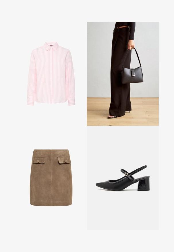 Pitkähihaisessa paidassa on vaaleanpunaisia ja valkoisia pystysuoria raitoja, klassinen kaulus sekä napitettava etuosa, jossa on hihansuut.; Ruskea mokkanahkainen mini hame, jossa on sileä pinta. Hameessa on kaksi etupakkausta ja napit kummassakin reunassa. Yksinkertainen ja suora muotoilu.; Musta lakattu nahka slingback-korkokengät, joissa on terävä kärki, pyöreä aukko-muotoilu ja lohkokorko. Varustettu kultasävyisellä solkiyksityiskohdalla.; Musta käsilaukku, jossa on rakenteellinen muoto, sileä pinta ja metallinen solki. Yhdistetty leveisiin mustiin housuihin ja avonaiheisiin sandaaleihin puulattialla.
