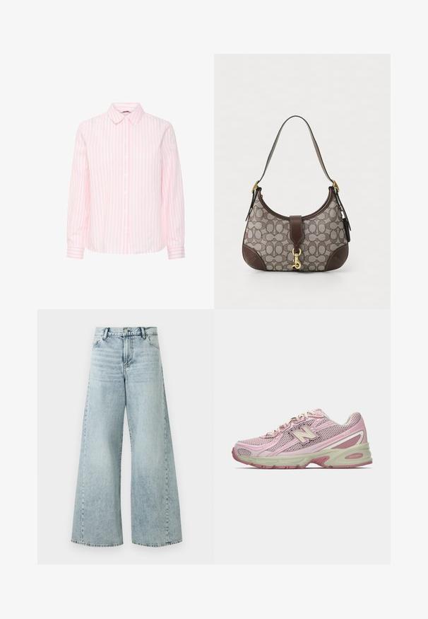 Camisa de manga larga en rayas verticales rosa y blancas, con un cuello clásico y cierre de botones en la parte delantera, y mangas con puños.; Jeans de mezclilla de tiro alto en azul claro, de pierna ancha, con cierre de botón, cinco bolsillos y detalles en el dobladillo deshilachado.; Zapatilla New Balance 740 en color rosa y beige con parte superior de malla y sintético, cierre con cordones y suela acolchada, mostrada en perfil lateral.; COACH HAMPTONS HOBO BAG IN SIGNATURE JACQUARD - Bolso de mano - oak maple