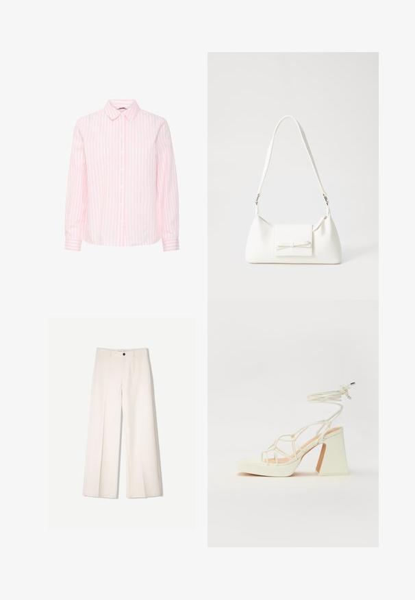 Long-sleeve shirt in pink and white vertical stripes, featuring a classic collar and button-down front with cuffed sleeves.; Cream wide-leg trousers with a tailored design, featuring two front pockets and a single front button closure, made from smooth fabric.; White high-heeled sandal with a chunky heel, featuring a strappy design and ankle tie. Smooth texture with a platform front for added height.; White synthetic handbag with a triangular shape, flat front flap and bow detail, adjustable strap, smooth texture, and minimalistic design.