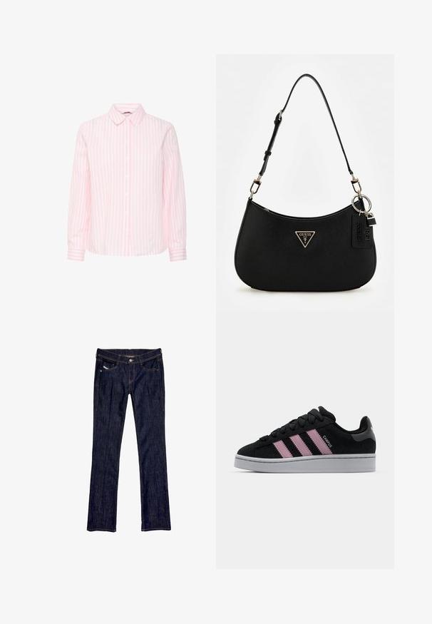 Long-sleeve shirt in pink and white vertical stripes, featuring a classic collar and button-down front with cuffed sleeves.; Dark blue denim jeans with a straight leg design, featuring a front button closure, five pockets, and visible stitching along the seams.; Black suede sneaker with pink three-stripe design, gray rubber sole, and textured tongue. Features branding on the side and heel.; Black synthetic shoulder bag with a curved silhouette, textured finish, gold triangle logo, and detachable hardware accents.
