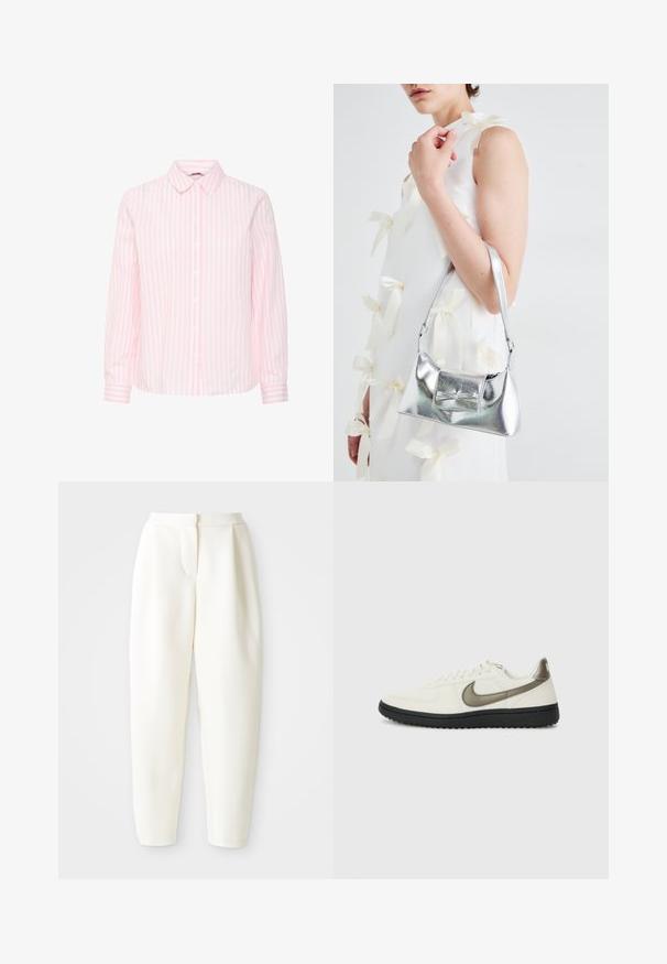 Long-sleeve shirt in pink and white vertical stripes, featuring a classic collar and button-down front with cuffed sleeves.; High-waist tapered white pants with a concealed front closure and side pockets, displayed against a plain white background.; Nike Sportswear FIELD GENERAL - Trainers - off-white/black; Silver metallic handbag with a structured shape, featuring a top handle and bow detail on the front. Smooth texture, reflective finish.