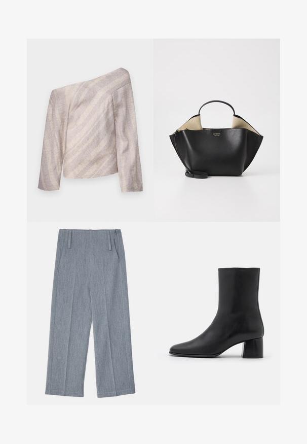 Félvállas, hosszú ujjú, világos bézs felső finoman textúrázott csíkokkal, laza szabással és aszimmetrikus dizájnnal.; Világosszürke, bőszárú nadrág, texturált anyagból készült, két elülső redővel és két oldalsó zsebbel. Letisztult, igényes dizájn.; Fekete bőr bokacsizma hegyes orral és vastag, négyzet alakú sarokkal. Simább felület, mondanivaló nélküli dizájn és minimalista varrás.; Ree Projects ANN TOTE MINI - Kézitáska - black