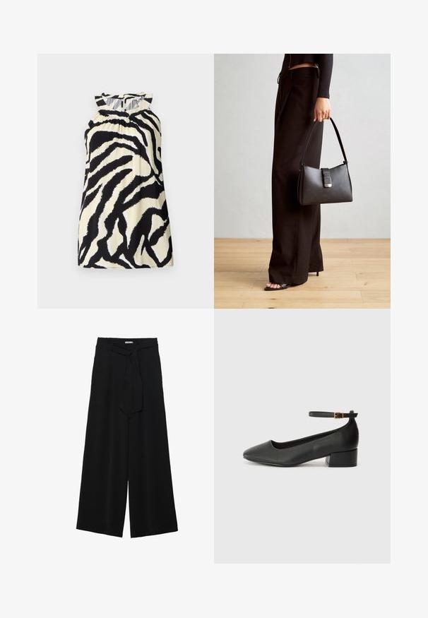 Mustvalge ilma varrukateta topp, millel on zeebramustriga disain, kaeluses kätkeda detailide ja tagant nööbiga sulgemisega.; Mustad laiad püksid, millel on tekstureeritud kangas, elastne vöökoht ja eemaldatav pael vööst, et reguleerida sobivust.; Must mustaapp, millel on terav nina ja madal blokk-kand. Omab pahkluu rihma koos kuldse tooni pandlaga. Sile tekstuur.; Must musta kott, millel on struktureeritud kuju, sile tekstuur ja metallist klamber. Kombineeritud laiate mustade pükstega ja avatud varvaste sandaalidega puidust põrandal.