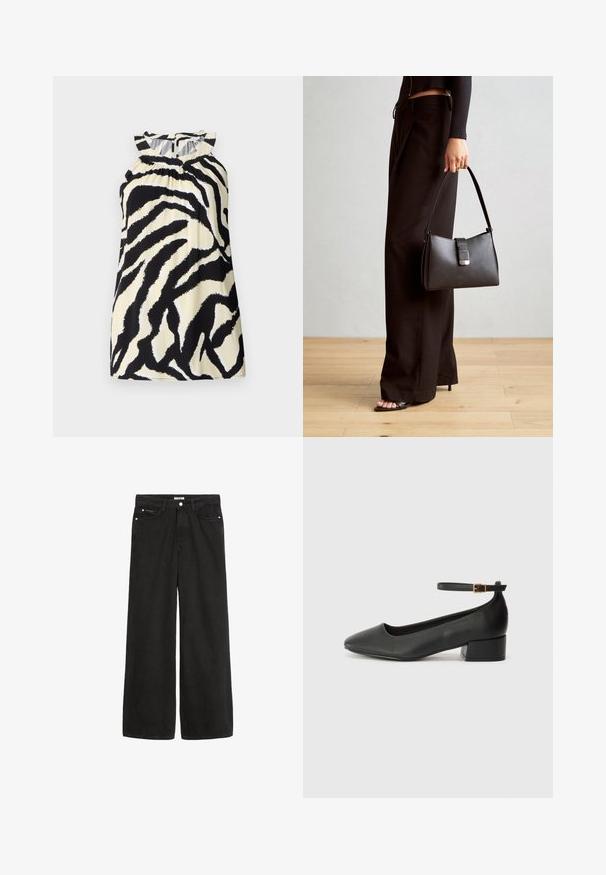 Črna in krem brezrokavna majica z zebrovim vzorcem, ki ima nabralne detajle na izrezanju in gumbasto zapiranje na hrbtu.; Široke črne denim hlače z visokim pasom. Imajo pet žepov, kovinske dodatke in čist zaključek. Njihova tekstura je gladka in mehka.; Črne usnjene pumpice z nazobčanimi prsti in nizko blokasto peto. Imajo trak okoli gležnja z zaponko v zlatem tonu. Gladka tekstura.; Črna torbica z strukturirano obliko, gladko teksturo in kovinskim zaponko. Ujemajo se z širokimi črnimi hlačami in odprtimi sandali na lesenem tleh.