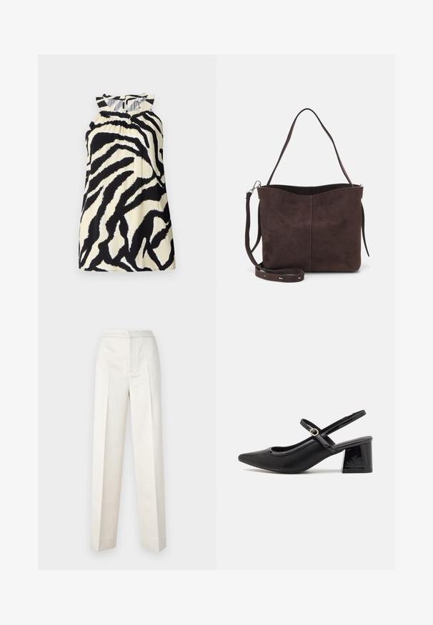 Črna in krem brezrokavna majica z zebrovim vzorcem, ki ima nabralne detajle na izrezanju in gumbasto zapiranje na hrbtu.; Hlače kremaste barve s krojem po meri, vsebujejo ravno nogavico, gladko blago, sprednje naborke in čist rob. Minimalističen dizajn.; Črne patentne usnjene salonarce s slingback obliko, s koničastim nosom, zaobljenim izrezom in blok peto. Imajo zlato kovinsko zaponko kot dodatno okrasje.; Rjava gamoška torba z mehkobo teksturo, ki ima en samo ramenski trak in subtilno ukrivljen zgornji del. Brez vidnih kovinskih detajlov.