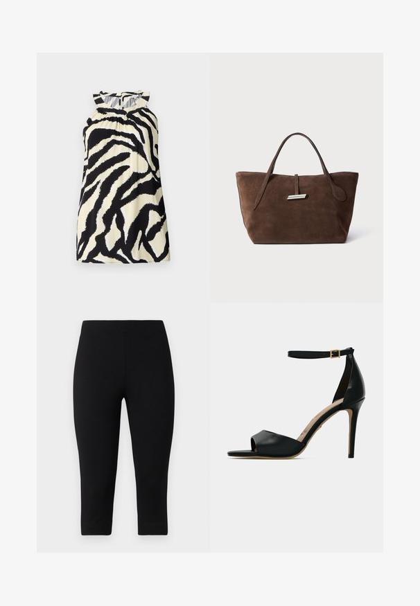 Mustaton ja kermaisen sävyinen ilmanhiha toppi, jossa on seeprakuosisuunnittelu. Topissa on ryppyjä kaula-aukon ympärillä ja nappikiinnitys takana.; Mustat capri-legginssit, jotka on valmistettu joustavasta materiaalista, tiukalla istuvuudella ja sileällä pinnalla, ilman voimakkaita kuvioita tai yksityiskohtia.; Mustat korkokengät sandaalit avoimella varpaalla, sileä nahkapäällinen, nilkkahihna kultaisella soljella ja beige jalkapedaali.; Ruskea mokkanahkainen kassi, jossa on kaksi pehmeää kahvaa, pystysuora hihna hopeakoristeella ja leveä, avoin yläosa. Sileä pinta, minimalistinen muotoilu.
