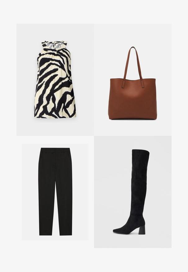 Top senza maniche bianco e nero con una stampa a zebra, caratterizzato da dettagli arricciati sul collo e chiusura a bottoni sul retro.; Pantaloni neri dal design sartoriale, con tasche laterali e gamba dritta. Realizzati in tessuto liscio e leggero con una finitura elegante.; Stivale in suede nero alto fino al ginocchio con tacco a blocco, punta affusolata e design liscio e senza cuciture su uno sfondo chiaro e semplice.; Borsa tote in pelle marrone con texture liscia, design con apertura superiore e due spallacci. Presenta cuciture minime e nessun hardware visibile.