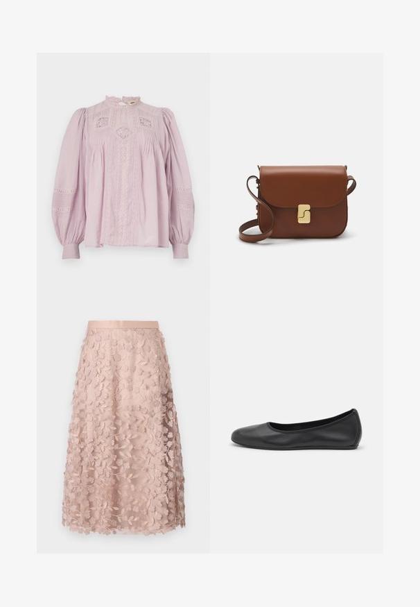 Vanessa Bruno CALIN - Camicetta - parme; Gonna midi in pizzo rosa pallido con ricami floreali, caratterizzata da una vita aderente e un design a strati, che esalta una texture delicata.; Pantofole da balletto nere in pelle con punta arrotondata, texture liscia, dettagli di cucitura minimi e design con suola flessibile.; Borsa a tracolla in pelle marrone con chiusura a pattina, hardware color oro, tracolla e una finitura liscia. Forma rettangolare compatta.