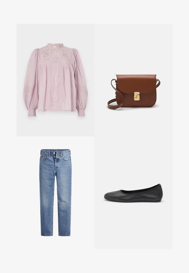 Vanessa Bruno CALIN - Blouse - parme; Lichtblauwe spijkerbroek met een rechte snit, vijf zakken en een knoopsluiting. Heeft subtiele vervaging en oranje stikselaccenten.; Zwarte leren ballerina met een ronde neus, gladde textuur, minimale stikdetails en een flexibele zoolontwerp.; Bruine leren handtas met een klep sluiting, gouden hardware, een schouderband en een gladde textuur. Compact rechthoekige vorm.