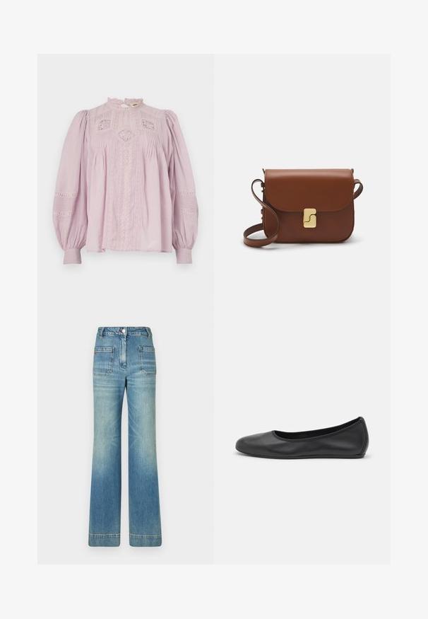 Vanessa Bruno CALIN - Pusero - parme; Vaaleansiniset farkut leveällä lahkeella, joissa on viisi taskua, vyölenkit, nappisulku ja hieman haalistunut pinta, sekä punainen logotyyppitys takana.; Musta nahkainen ballerina, jossa on pyöristetty kärki, sileä pinta, minimaalinen ommelkoristelu ja joustava pohjamuotoilu.; Ruskea nahkainen käsilaukku, jossa on läppäkiinnitys, kultasävyiset yksityiskohdat, olkahihna ja sileä pinta. Kompaktin suorakaiteen muotoinen.