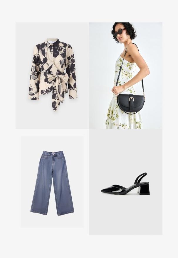 Kermanshahi wrap-tyylinen paita mustilla kukkakuviolla. Varustettu kauluksellisella pääntiellä ja vyötärölle liittyvällä solmuvyöllä. Pitkät hihat, joissa on kalvosimet.; Vaaleansinisiä leveälahkeisia farkkuja, joissa on korkea vyötärö, etutaskut ja nappisuljenta vyölenkeillä.; Mustat patentoitu nahkakengät, joissa on säären takaosa ja terävä kärki, sekä geometrinen palikkakorko. Sisältää tyylikkään, minimalistisen muotoilun ja sileän pinnan.; Musta nahkainen käsilaukku, joka on kaareva muotoilultaan, irrotettavalla hihnalla ja kultaisilla yksityiskohdilla. Laukussa on läppä, jossa on solk yksityiskohta.