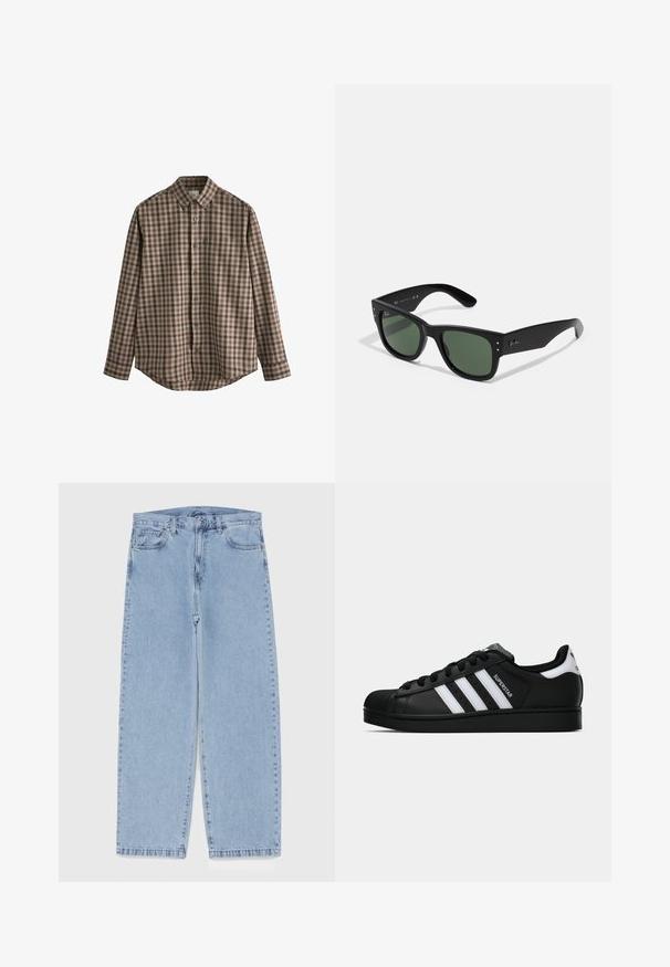 Next EASY OXFORD - Cămașă - brown gingham; Tricou alb din bumbac, guler rotund, mâneci scurte, croială lejeră, textură netedă, fără modele sau accente vizibile.; Jeans din denim de culoare albastru deschis, cu un design cu picioare drepte, având talie medie, cinci buzunare și un sistem de închidere cu nasture și fermoar.; Tenisii Adidas Superstar negri cu dungi albe, vârf din plastic, și textul "Superstar" pe lateral, prezentati în profil lateral pe fundal alb.; Ochelari de soare rectangulari negri cu lentile verzi, finisaj mat, accente hardware subtile și logo embosat pe bradă.