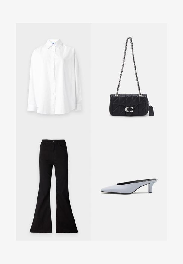 Cămașă albă cu mâneci lungi, realizată din bumbac. Dispune de un guler clasic, închidere cu nasturi și un logo brodat pe partea stângă a pieptului. Textură netedă.; Jeans negre evazați din denim, cu talie înaltă, buzunare frontale și o deschidere mare la tivuri pentru un siluetă cu picioare late.; Mule din piele patent albastru deschis, cu vârf ascuțit, toc transparent mic și un design elegant cu un decupaj la vamp.; COACH TABBY SHOULDER BAG 20 WITH PILLOW QUILTING - Geantă crossbody - black