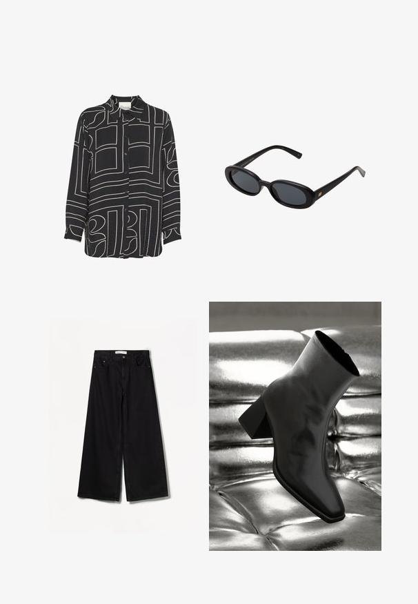 Černá košile na knoflíky s dlouhými rukávy, která má abstraktní béžové linkové vzory a klasický límec. Vyrobena z lehké, texturované tkaniny.; Bershka WIDE-LEG - Wide leg - black; Černá kotníková bota vyrobená z lesklého materiálu se čtveratou špičkou a zúženým podpatkem, umístěná na lesklém stříbrném prošívaném pozadí.; Černé oversized sluneční brýle s oválnými čočkami, hladkým plastovým rámem a zlatými akcenty na spáncích. Tmavé čočky poskytují ochranu před sluncem.; Hobo taška vyrobená z měkkého semišového materiálu v světle béžové barvě. Má zaoblený tvar, široký popruh a zipové uzavření.