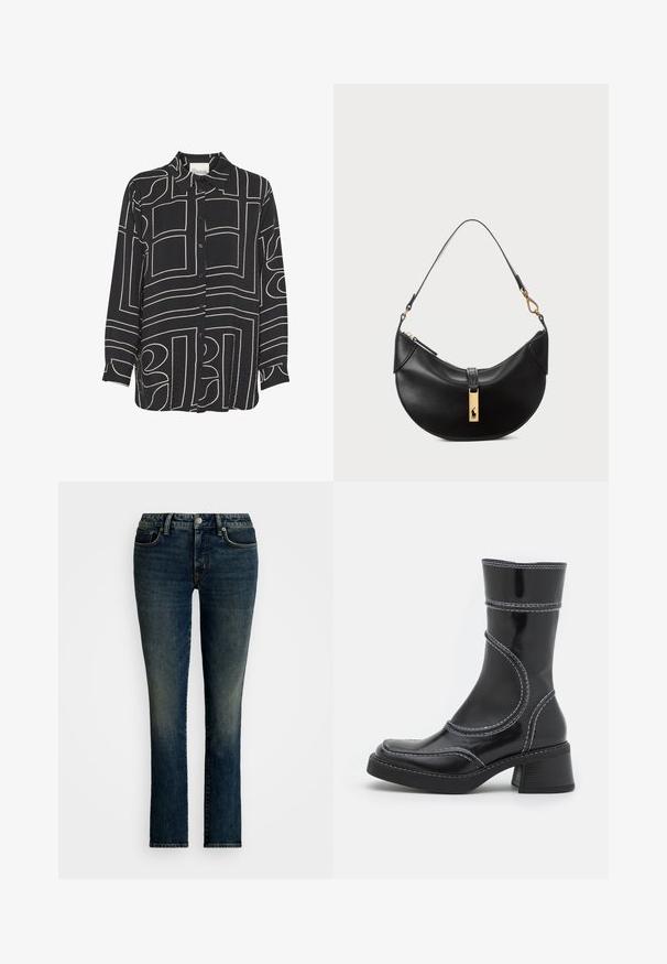 Zwarte overhemdbloes met lange mouwen, voorzien van abstracte beige lijnpatronen en een klassieke kraag. Gemaakt van lichtgewicht, gestructureerde stof.; Donkerblauwe denim jeans met een rechte pijpdesign, vijf zakken en lichte vervaging aan de voorkant. Zilveren knoop en ritssluiting.; Zwarte lakleren enkellaars met witte stiksels, ronde neus en blokhak. Kenmerkt zich door gebogen ontwerplijnen en een gladde textuur.; Zwarte leren handtas in een halve maanvorm. Voorzien van een gouden hardware accent en een smalle schouderband. Soepele textuur, ritssluiting aan de bovenkant.
