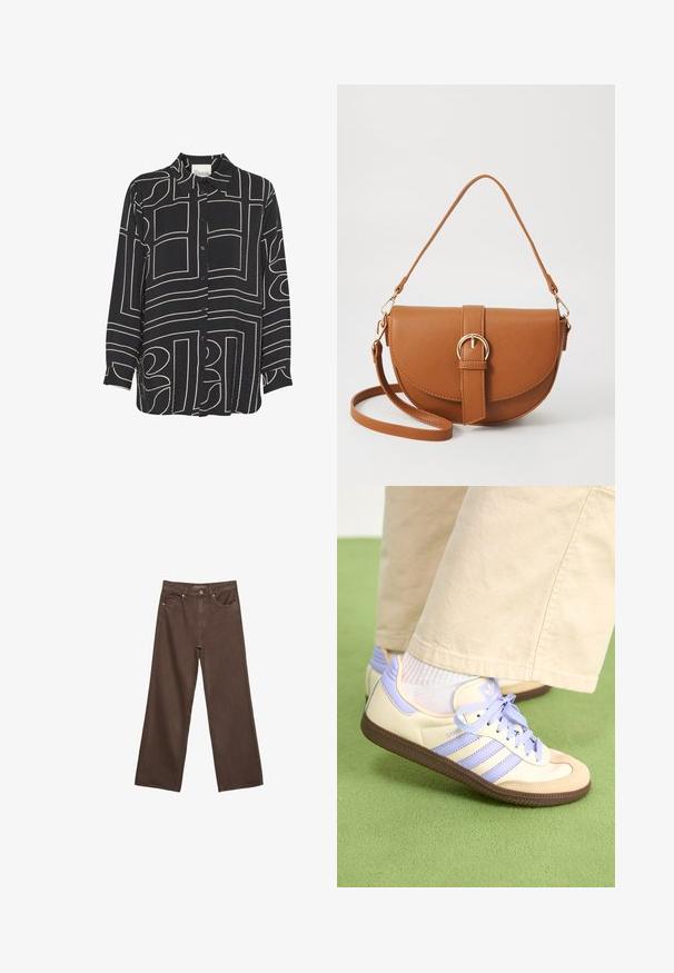 Zwarte overhemdbloes met lange mouwen, voorzien van abstracte beige lijnpatronen en een klassieke kraag. Gemaakt van lichtgewicht, gestructureerde stof.; Brede bruine spijkerbroek van denim, met een hoge taille, voorzakken en een klassieke knoopsluiting. Soepele textuur met subtiele stiksels.; Crème- en lavendel-sneakers met drie strepen en een gestructureerde bruine zool, voorzien van veters en een gewatteerde hiel. Zachte stoffen bovenkant.; Bruine leren schoudertas met een gebogen vorm, gouden hardware en een gespaccent. Bevat een afneembare schouderriem.