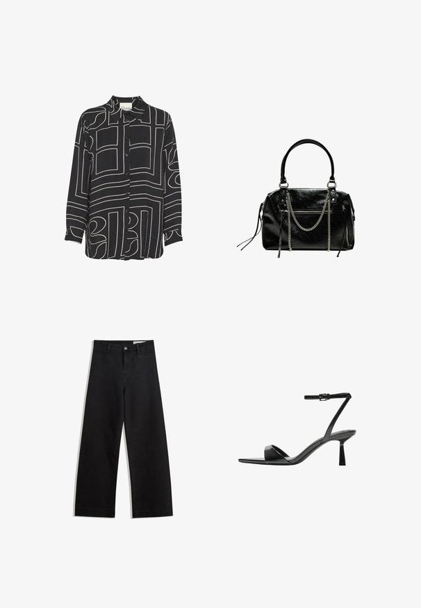 Schwarzes Hemd mit langen Ärmeln und Knopfverschluss, das abstrakte beige Linienmuster und einen klassischen Kragen aufweist. Hergestellt aus leichtem, strukturiertem Stoff.; Schwarze weit geschnittene Jeans mit hoher Taille, ausgestattet mit Vorder- und Hintertaschen, gesteppten Nähten und einem Knopfverschluss. Glatte Textur.; Bershka High Heel Sandalette - black; Bershka WITH CHAIN - Handtasche - black