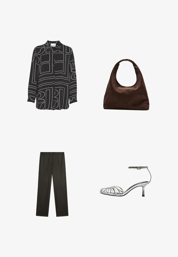 Sort skjorte med lange ærmer og knaplukning, som har abstrakte beige linjemønstre og en klassisk krave. Lavet af letvægts, tekstureret stof.; Mørkegrønne, vide bukser med en glat tekstur, elastisk talje og sidelommer. Simpelt design uden synlige mønstre eller metaldele.; Sølv sandaler med stropper og lav hæl, der har flere krydsede stropper, en ankelrem med spænde og en glat, blank overflade.; Blød brun hobo-stil håndtaske med en enkelt bred strop og en buet åbning på toppen, vist på en hvid baggrund.
