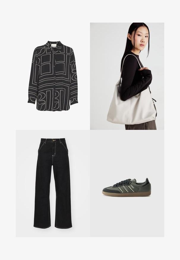 Fekete, gombos ing hosszú ujjakkal, absztrakt bézs vonalmintákkal és klasszikus gallérral. Könnyű, texturált anyagból készült.; Fekete, széles szárú farmernadrág, kontrasztos fehér varrással és elülső gombos záródással, két ferde elülső zsebbel.; adidas Originals SAMBA OG - Sportcipő - core black/legend earth/gum; Puha anyagból készült bézs kézitáska, laza dizájnnal, varrott részletekkel és két vállpánttal. Mindennapi használatra alkalmas.