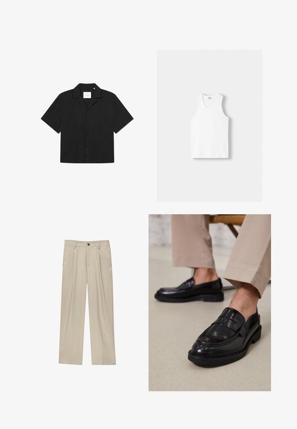 Fekete, rövid ujjú ing, gombos zárással, lapos gallérral, sima textúrával és finom mintázattal az anyagon, "LES DEUX" felirattal a belsejében.; Fehér pamut ujjatlan felső kerek nyakkivágással, széles vállpántokkal és egyenes szegéllyel, sima textúrával, látható minták nélkül.; Beige egyenes szárú nadrág, egy fekete gombbal, övhurkokkal és oldalzsebekkel. Sima szövettextúra és minimális design.; Fekete bőr loaferek sima felülettel, díszítő pánttal és kontrasztos varrással, bézs nadrággal párosítva.