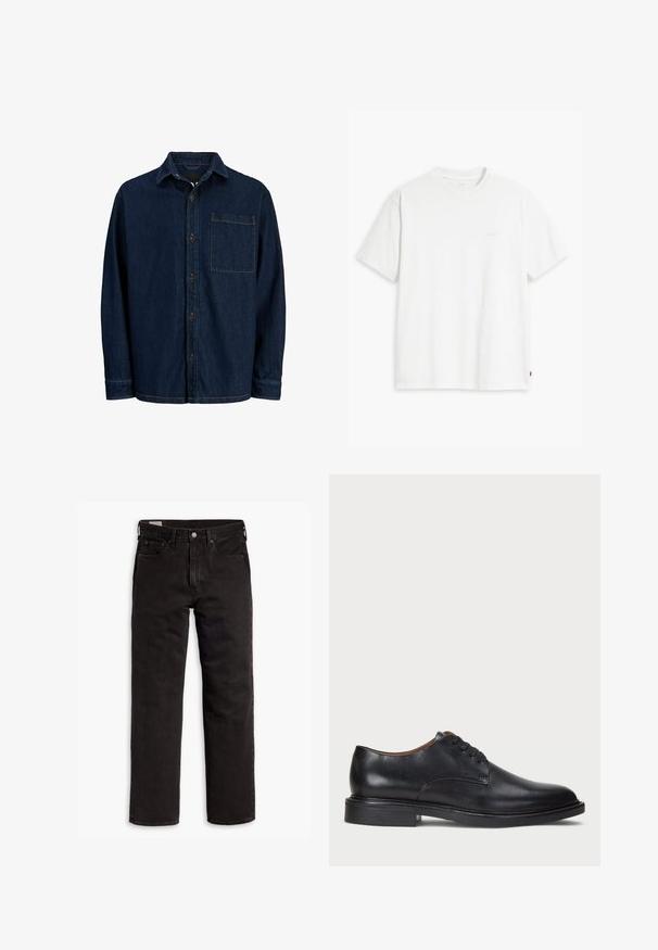 Dunkelblaue Denim-Hemd mit langen Ärmeln, einem spitzen Kragen und einer Brusttasche. Mit braunen Knöpfen und gelben Nähten.; Weißes Baumwoll-T-Shirt mit kurzen Ärmeln, Rundhalsausschnitt und dezentem Levi's-Logo in der Mitte. Weicher Stoff und normale Passform.; Schwarze gerade Jeans aus Denim mit fünf Taschen, Knopfverschluss und Gürtelschlaufen, flach auf einem weißen Hintergrund ausgelegt.; Schwarze Lederdressschuhe mit runder Zehenform, Schnürdesign und niedrigem gestapeltem Absatz. Glatte Textur mit minimalen Nähten.