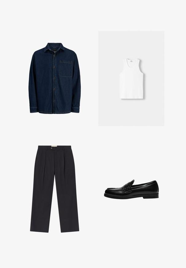 Donkerblauwe denim blouse met lange mouwen, een puntige kraag en een borstzak. Voorzien van bruine knopen en gele stikselaccenten.; Witte katoenen tanktop met een ronde halslijn, brede schouderbanden en een rechte zoom, met een gladde textuur en zonder zichtbare patronen.; Op maat gemaakte donkerblauwe broeken met een hoge taille, twee voorplooien, knoopsluiting en rechte pijpen in een soepele stof.; Zwarte leren loafers met een gladde afwerking, voorzien van stiksel op de voorkant en een lage, stevige zwarte rubberen zool.
