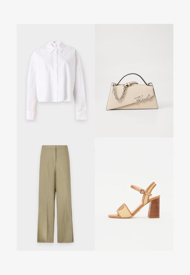 Weißes, verkürztes Hemd aus Baumwolle mit klassischem Kragen, Knopfleiste auf der Vorderseite und langen Ärmeln mit Manschetten. Glatte Textur, schlichtes Design.; Hellgrüne, hosen mit weitem Bein aus Leinen. Mit hoher Taille und schlichter Vorderseite mit einer einzelnen Falte.; Braune Leder- und geflochtene Stroh-Absatzsandalen mit einem Knöchelriemen, offenem Zeh und einem klobigen Holzähnlichen Absatz mit horizontalen Streifen.; Beige Leder-Handtasche mit einer strukturierten, dreieckigen Form, ausgestattet mit einem silbernen Kettenhenkel und einem geschwungenen Logo aus Metall.