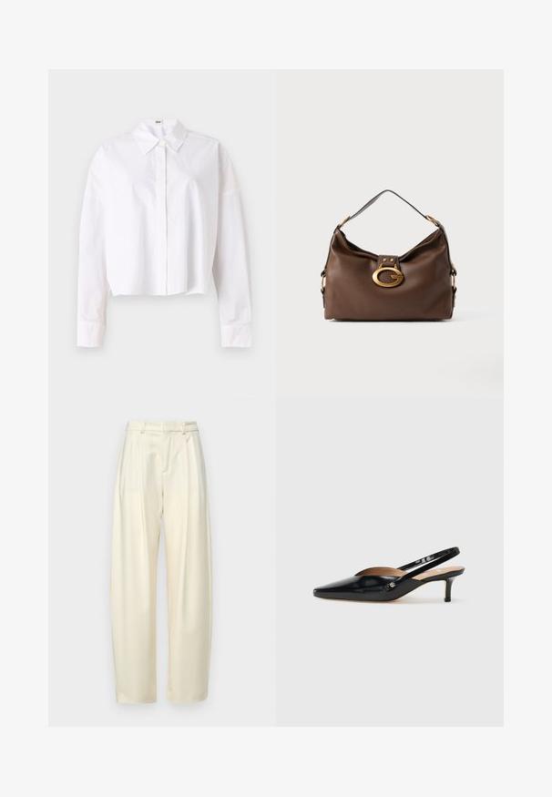 Bílá zkrácená košile z bavlny s klasickým límečkem, zapínáním na knoflíky vpředu a dlouhými rukávy s manžetami. Hladká textura, jednoduchý design.; Plissé kalhoty s vysokým pasem ve světle krémové barvě. Mají rovný střih a hladkou texturu. Bez kapes a viditelného kovového zapínání.; Černé lakované slingback lodičky se špičatou špičkou, malým podpatkem a výřezovým designem na svršku. Zlaté kovové detaily na straně.; Hnědá kožená kabelka s texturovaným povrchem, která má zlatý kovový klip a jeden zakřivený ramenní popruh.