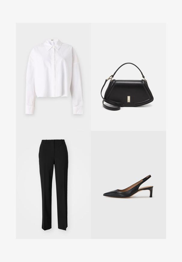 Witte cropped shirt van katoen met een klassieke kraag, knoopsluiting aan de voorkant en lange mouwen met manchetten. Soepele textuur, eenvoudig ontwerp.; Zwarte op maat gemaakte broek met een recht model, voorzien van een soepele textuur en scherpe plooien aan de voorkant. Geen zichtbare hardware.; Zwarte leren slingback pump met een puntige neus, lage hak en een gladde textuur. Beschikt over een dunne verstelbare band voor een veilige pasvorm.; Zwarte leren handtas met een gestructureerd ontwerp, featuring een verkorte vorm, bovenhandvat en gouden hardwareaccent. Inclusief verstelbare schouderband.